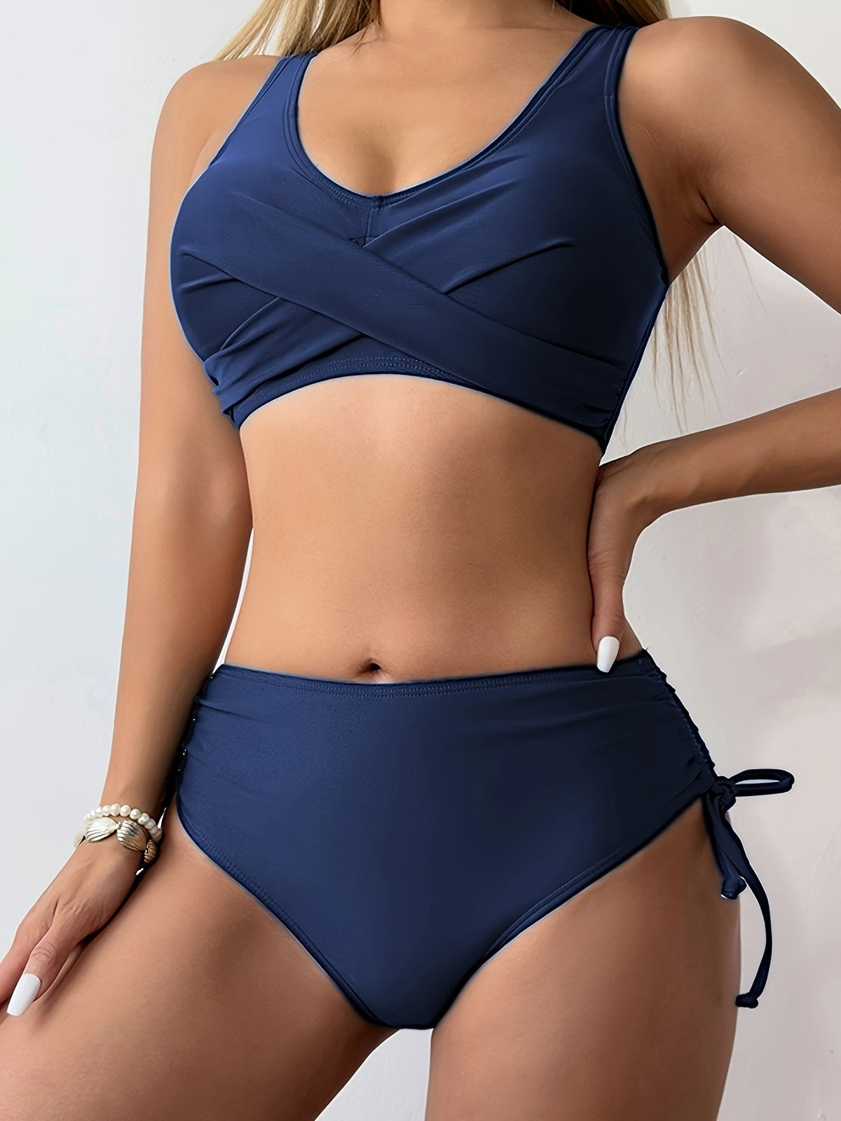 Bikini Twist Front V Neck High Waist 2 Piece Bikini Set for Women – Stretchy Tie Back Swimsuit with Drawstring Lace Up and Comfortable Fit – Trendy Solid Color Swimwear for Beach Days Pool Parties and Summer Vacations