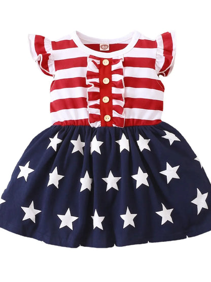 Striped &amp; Stars Ruffled Round Neck Cap Sleeve Dress