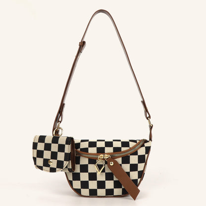 Small Crossbody Bag – Versatile Commute with Checkerboard Canvas, Compact Earphone Bag, Stylish 2-in-1 Chest Bag &amp; Fanny Pack for Everyday Use
