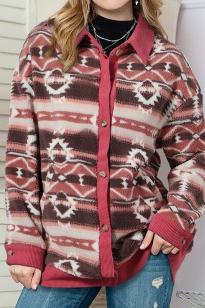 Retro Unique Geometric Print Corduroy Trim Button-Up Jacket Classic Modern Deep Rose Jacket