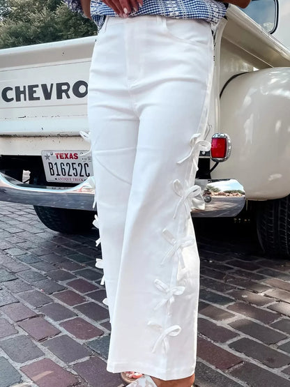 Bow-Accented Wide-Leg Pants