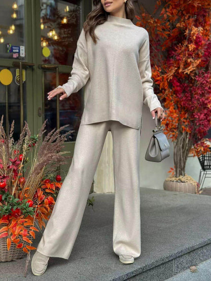 Slit Mock Neck Top and Pants Sweater Set for Women
