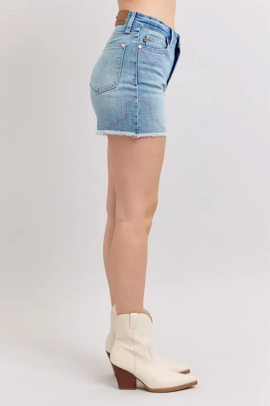 Judy Blue Full Size High Waist Western Embroidery Detail Cut Off Denim Shorts Plus Size