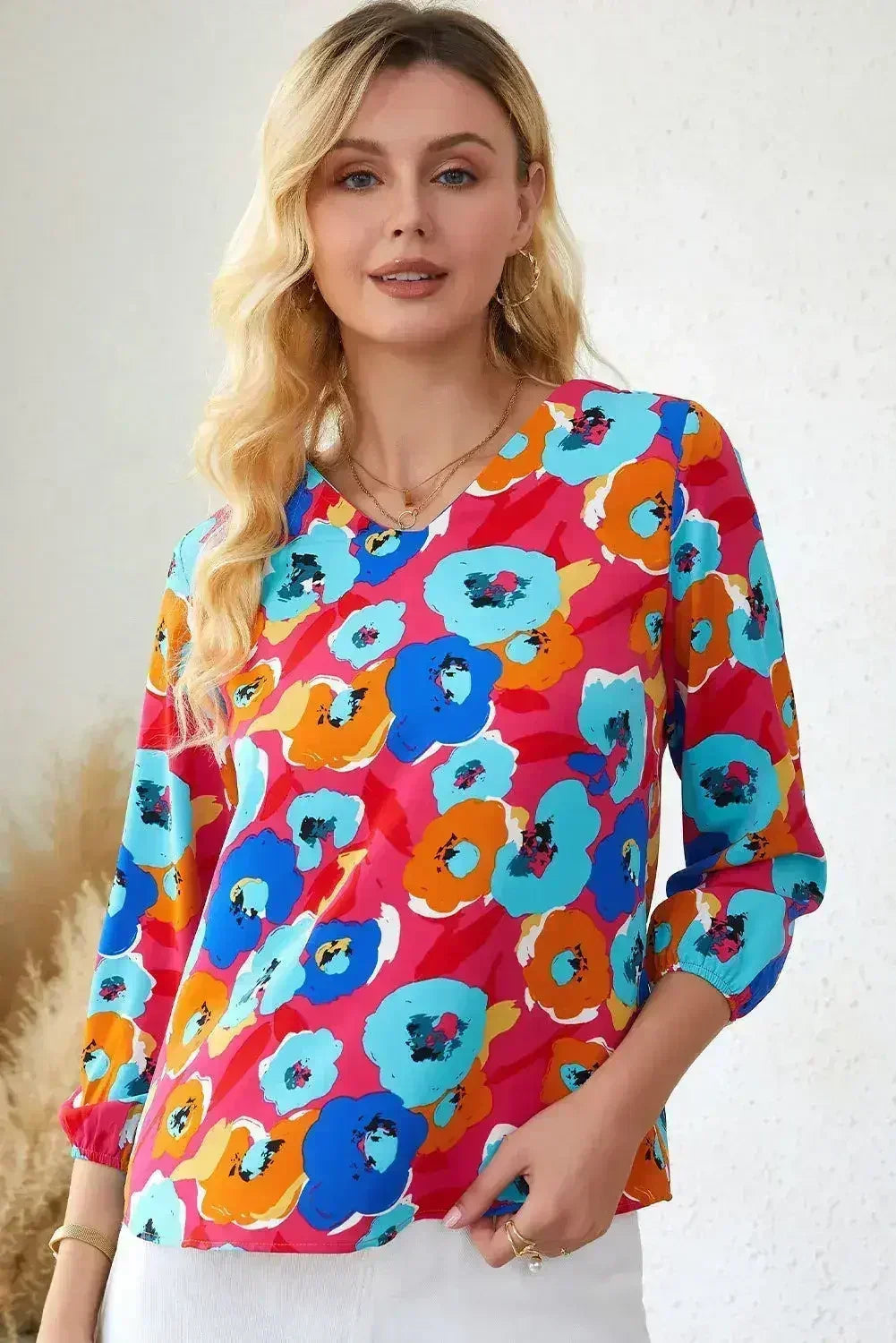Floral Print V Neck Blouse - 3/4 Sleeve &amp; Non-Stretch | Femstylo