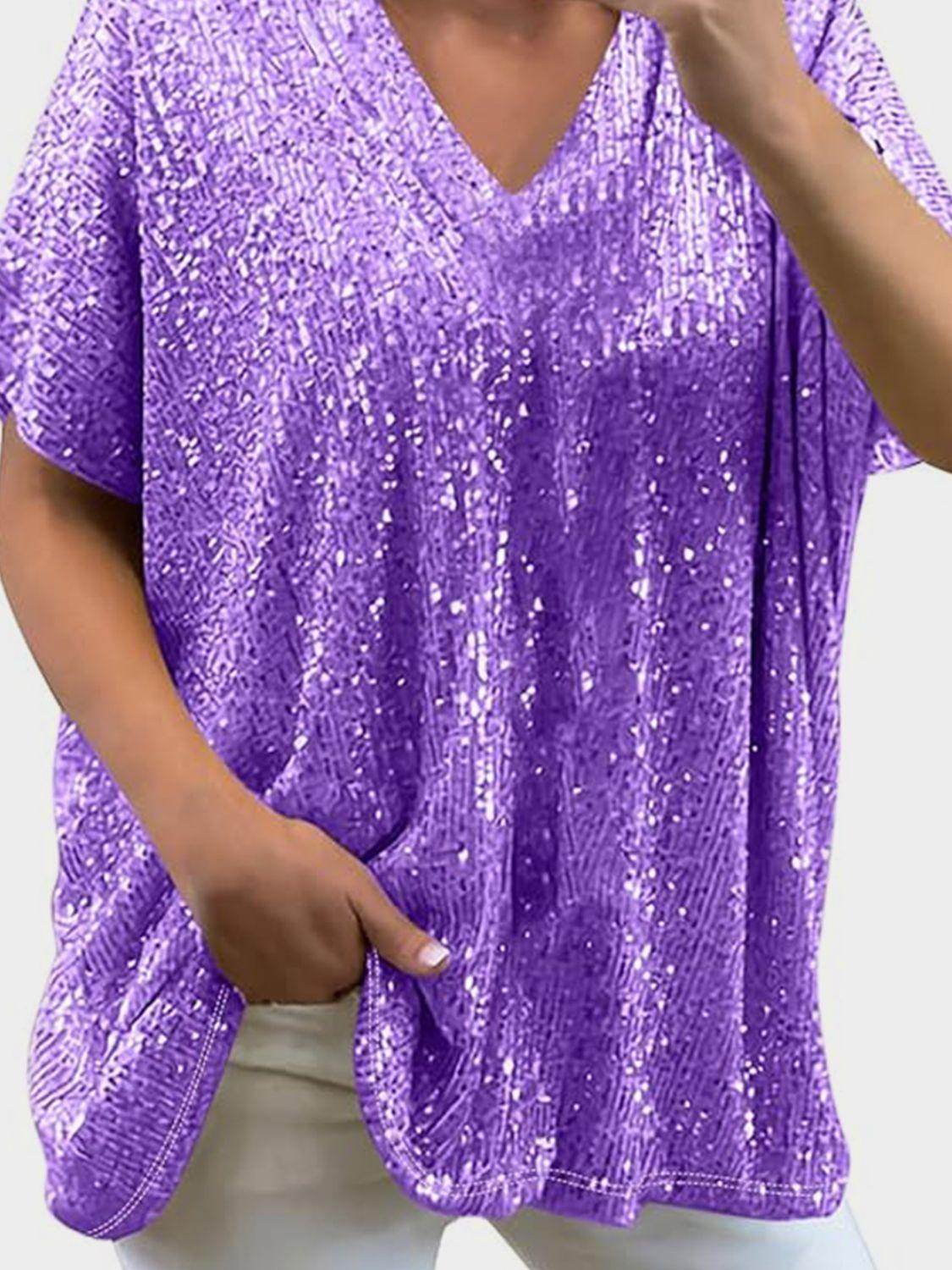 Full Size Sequin V-Neck Short Sleeve Top for Women