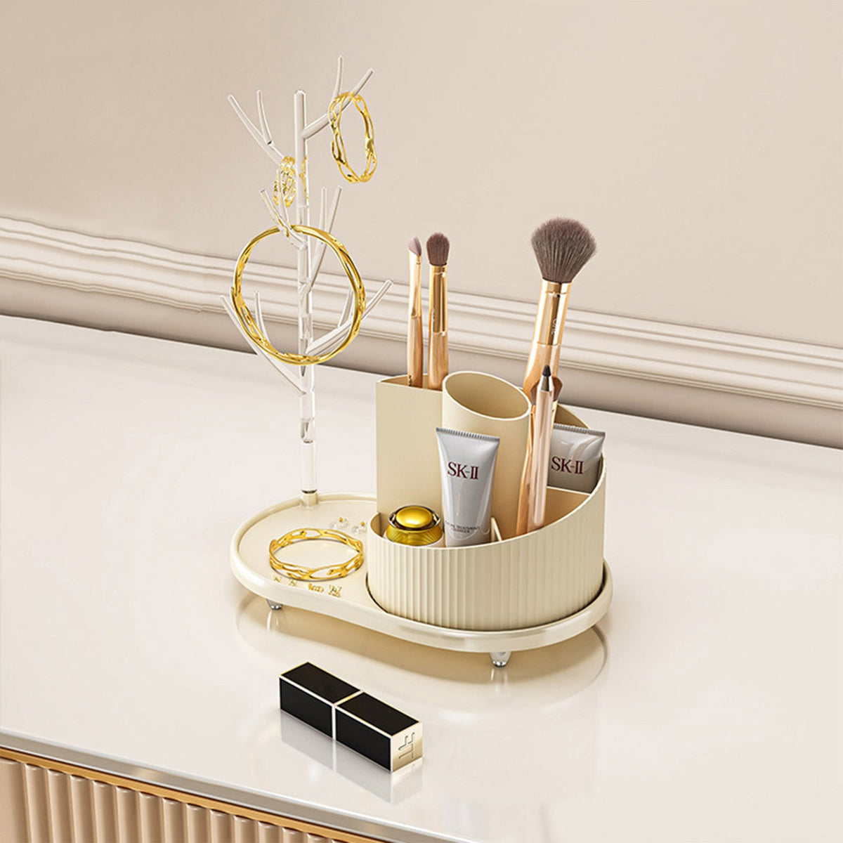 Rotating Makeup Organizer With Jewelry Storage  Large Capacity Cosmetic Display Case Holds 20 Brushes, 10 Lipsticks, 8 Skincare Products 360 Spinning Vanity Organizer For Countertop &amp; Bathroom