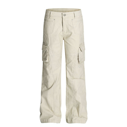 Retro Unisex Solid-Color Multi-Pocket Loose Flare-Bootcut Workwear Casual Pants