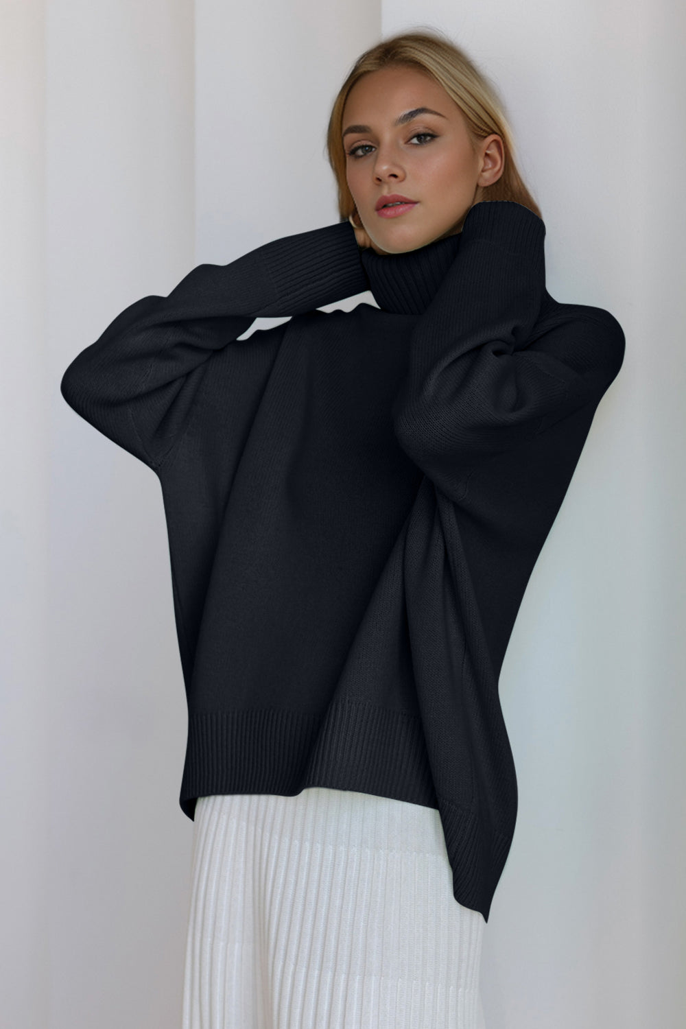 Back To School Sweater - Basic Bae Turtleneck Dropped Shoulder Long Sleeve Sweater