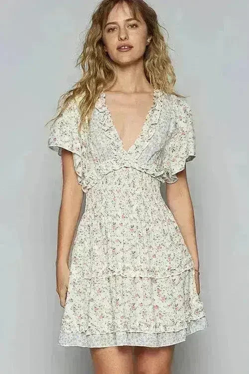 Floral V-Neck Mini Dress with Cutout Back &amp; Frill - Femstylo