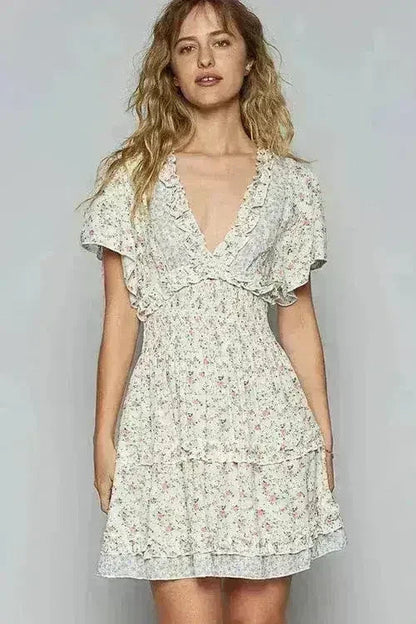 Floral V-Neck Mini Dress with Cutout Back &amp; Frill - Femstylo