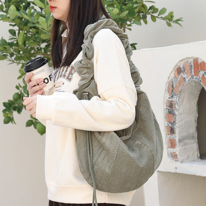 Canvas hobo bag, casual pleated shoulder bag, drawstring corduroy shoulder bag