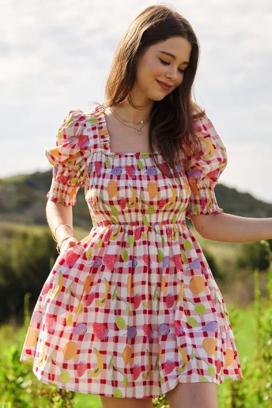 Davi &amp; Dani Fruits Printed Smocking Mini Dress