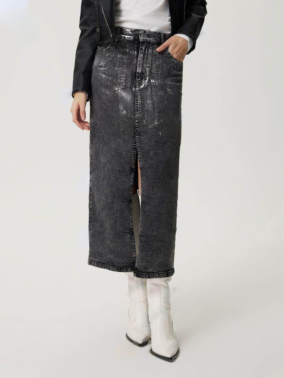Slit Midi Denim Skirt with Pockets for Effortless Style