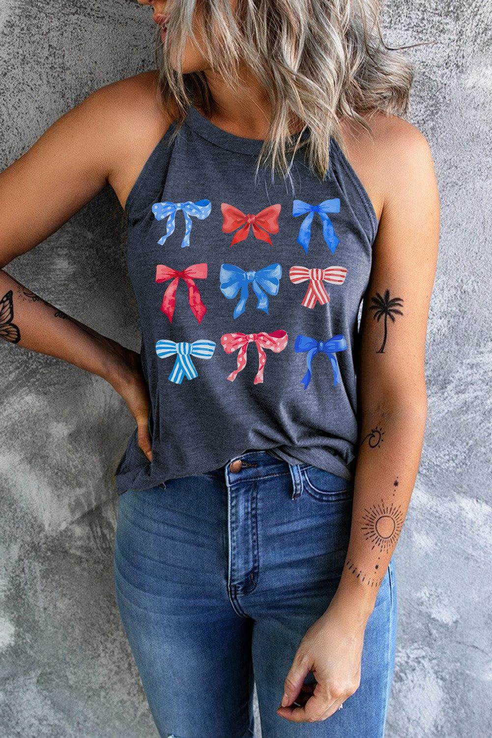 Bow Graphic Round Neck Tank for Stylish Summer Wear
