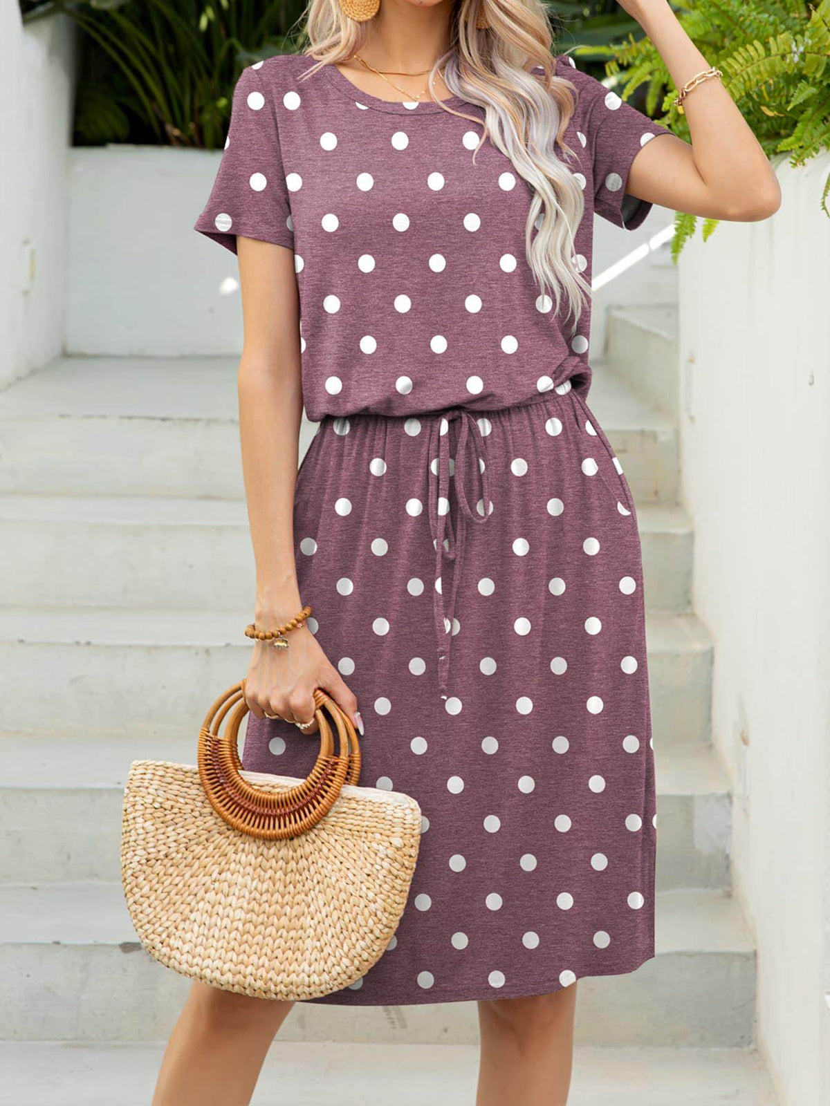 Round Neck Short Sleeve Slit Dress with Pockets for Women