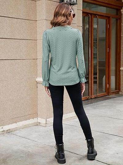 Lace Detail Eyelet V-Neck Flounce Sleeve Blouse for Women