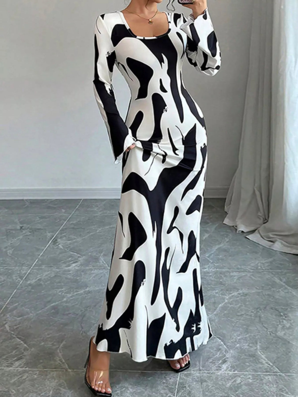 Abstract Print Long Sleeve Maxi Dress