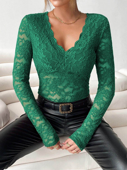 V-Neck Long Sleeve Lace Top for Women in Various Sizes