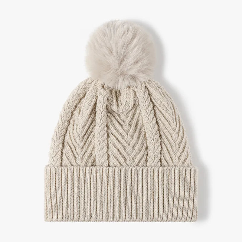 Cable Knit Solid Color Hat with Pompom