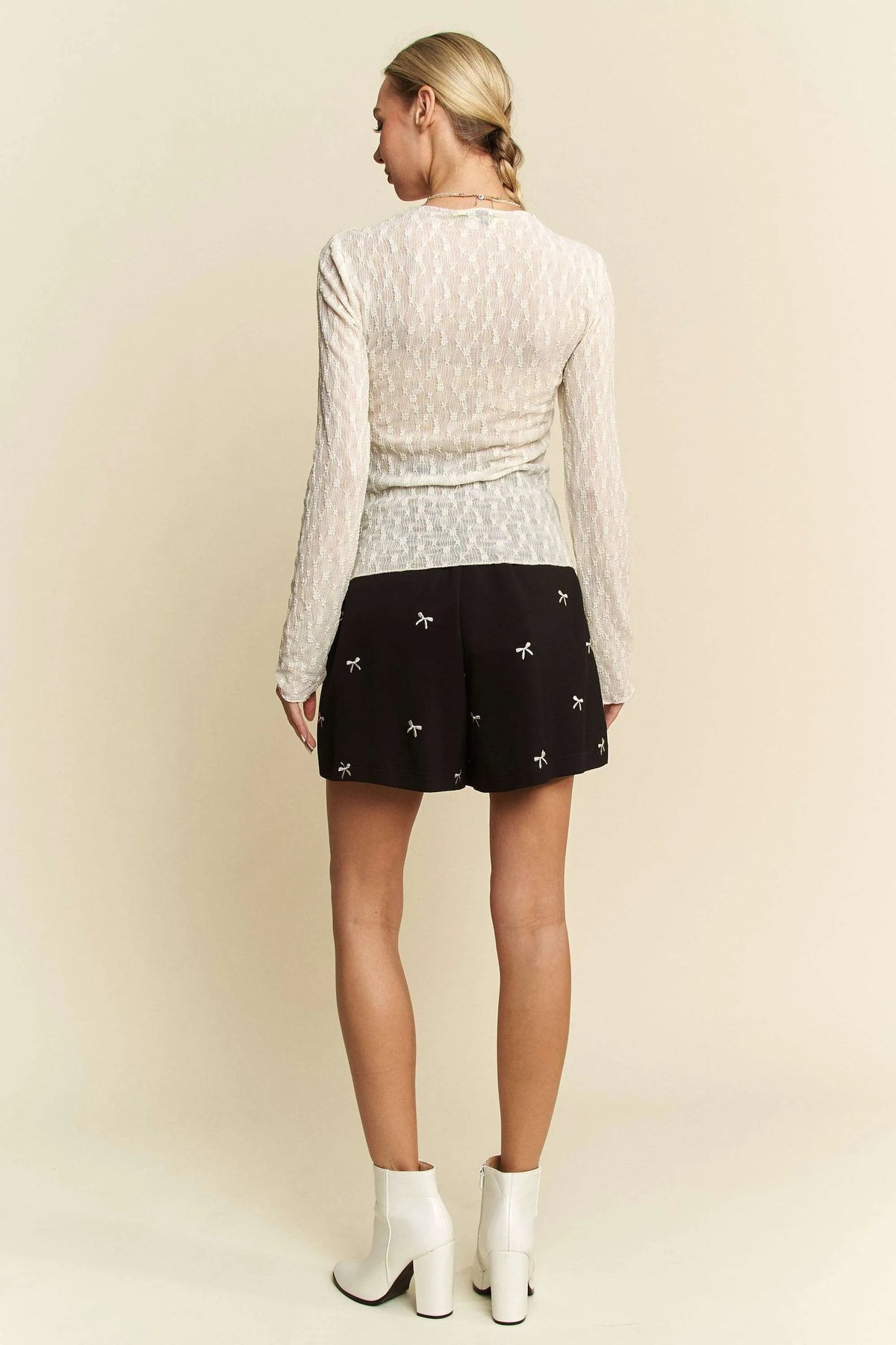 Davi &amp; Dani Long Sleeve Sheer Small Embroidered Bows Lace Top