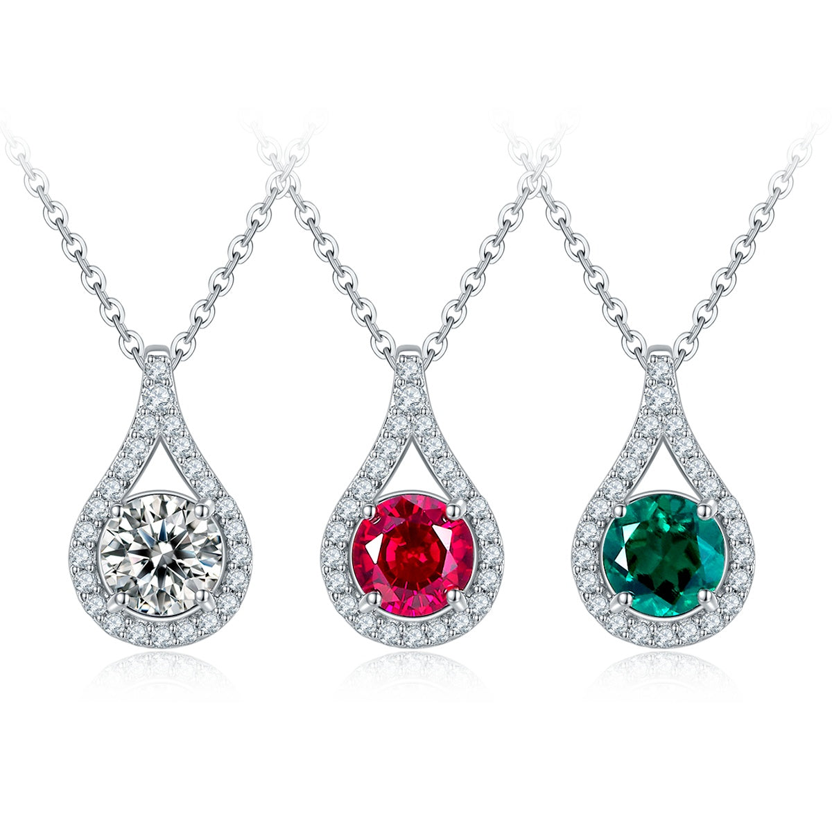 S925 Sterling Silver Teardrop Halo Necklace, 1ct Moissanite &amp; Lab-Grown Ruby&amp;Emerald, Platinum Plated Pendant With GRA Certificate Gift Box