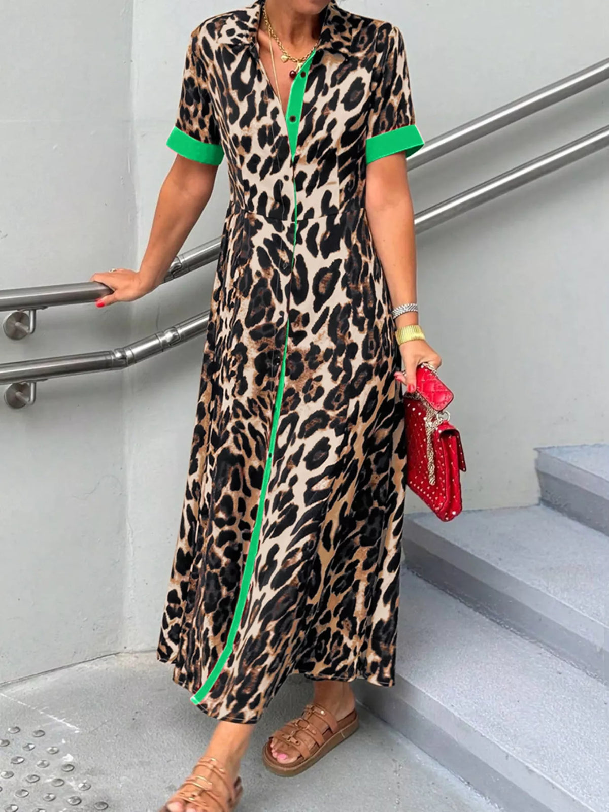 Leopard Print Button-Down Dress with Contrast Trim