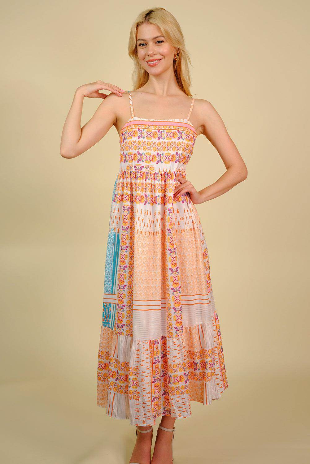 Printed Spaghetti Strap Smocked Midi Dress for Women