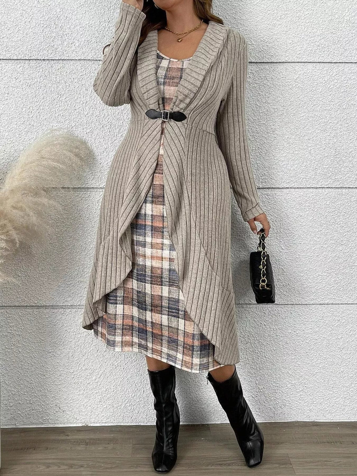 Full Size Plaid Dress &amp; Ribbed Knit Cardigan Set Plus Size