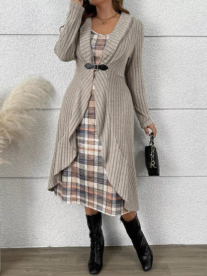 Full Size Plaid Dress &amp; Ribbed Knit Cardigan Set Plus Size