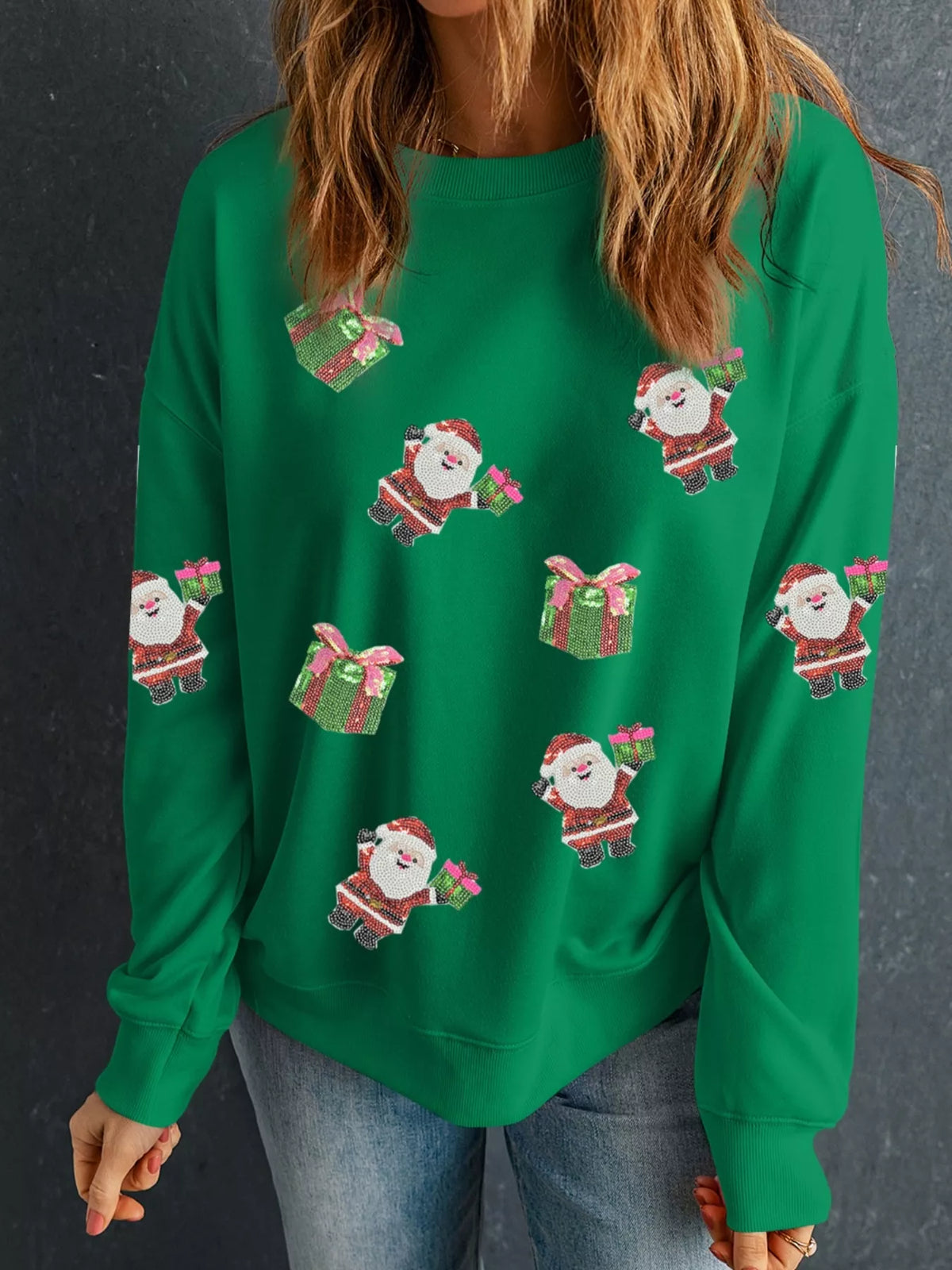 Santa Delivering Gifts Christmas Sequin Graphic Sweatshirt