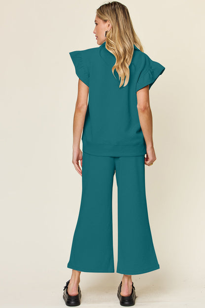 Textured Ruffle Top &amp; Drawstring Wide Leg Pants Set