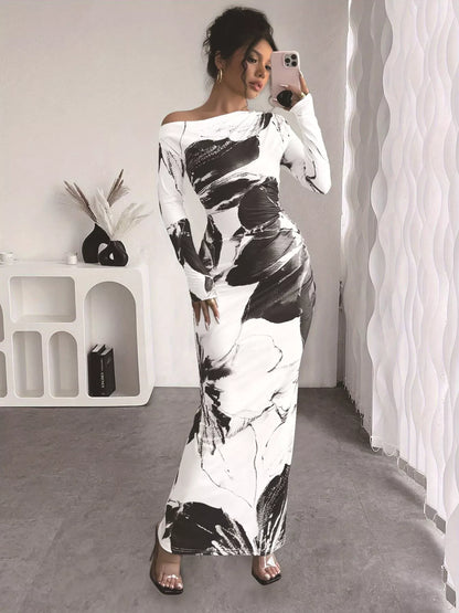 Floral One Shoulder Long Sleeve Maxi Dress