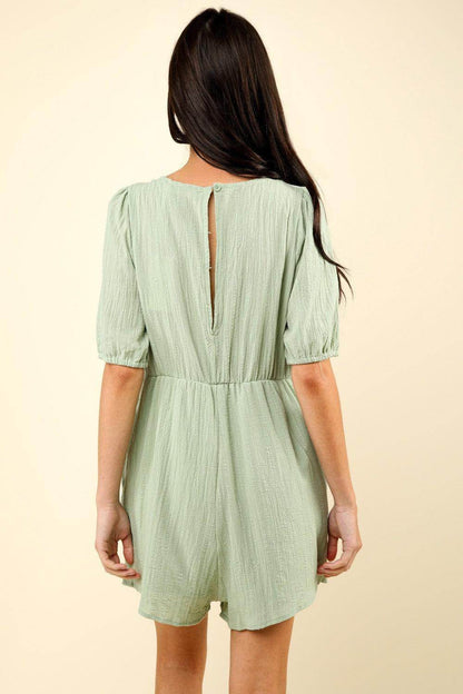 Very J Lace Detail Puff Sleeve Romper with Pockets