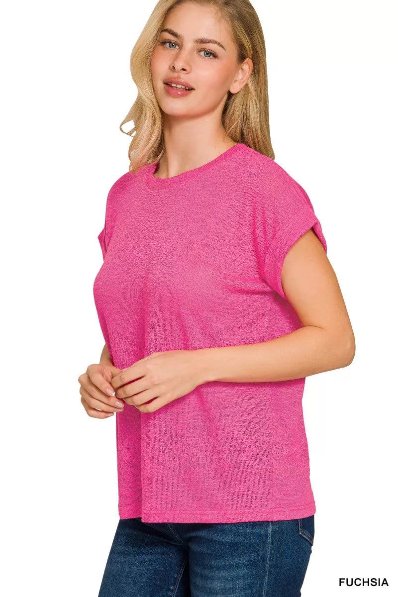 Zenana Hacci Slub Rolled Up Sleeve Tee