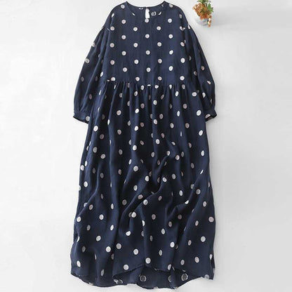 Artistic Retro Blue Polka-Dot Dress Crew-Neck Long-Sleeve French-Elegance Cotton-Linen Jumper Dress