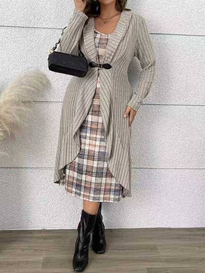 Full Size Plaid Dress &amp; Ribbed Knit Cardigan Set Plus Size