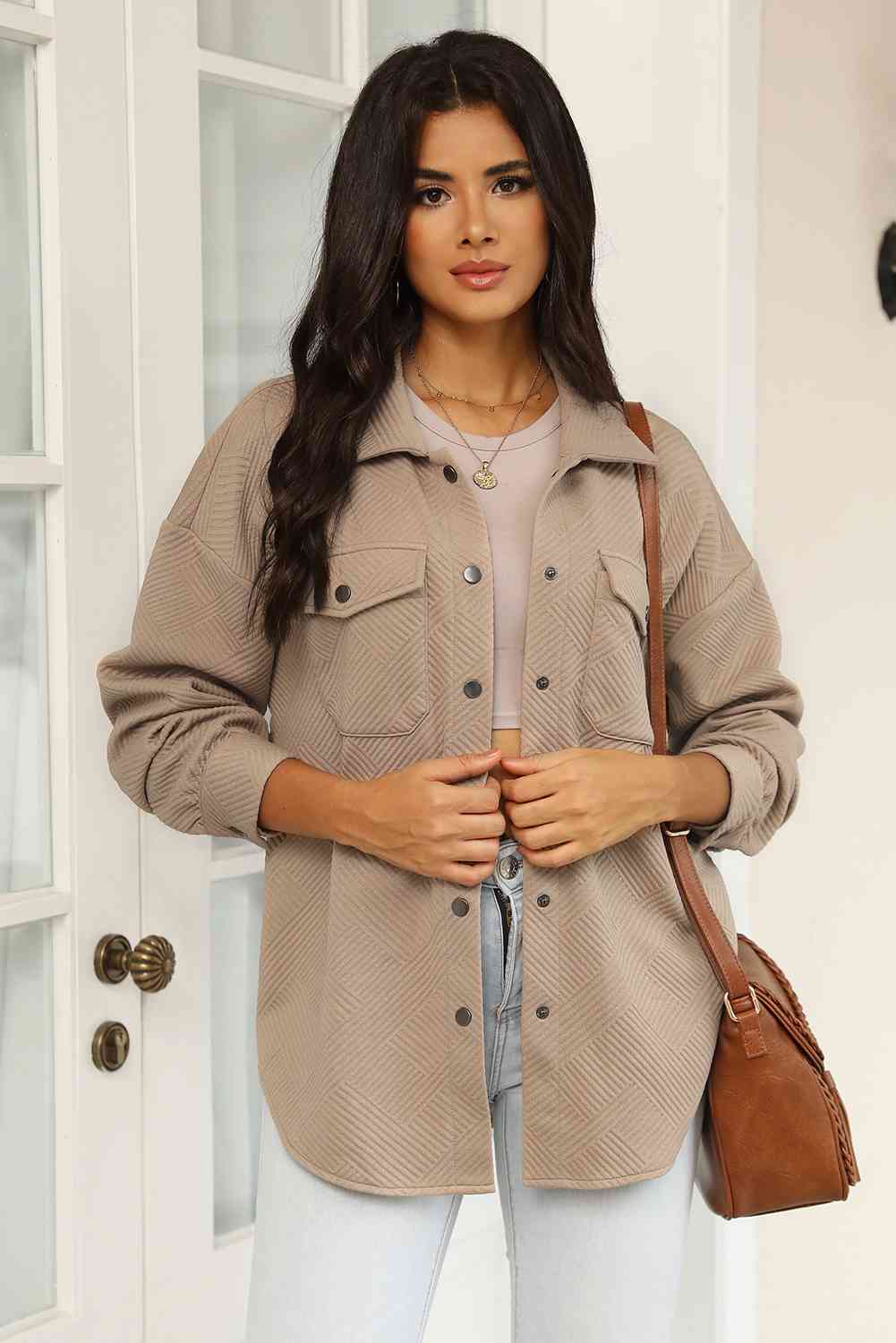 Cloudy Blue Snap-Front Collared Jacket with Pockets Lightweight and Versatile Jacket