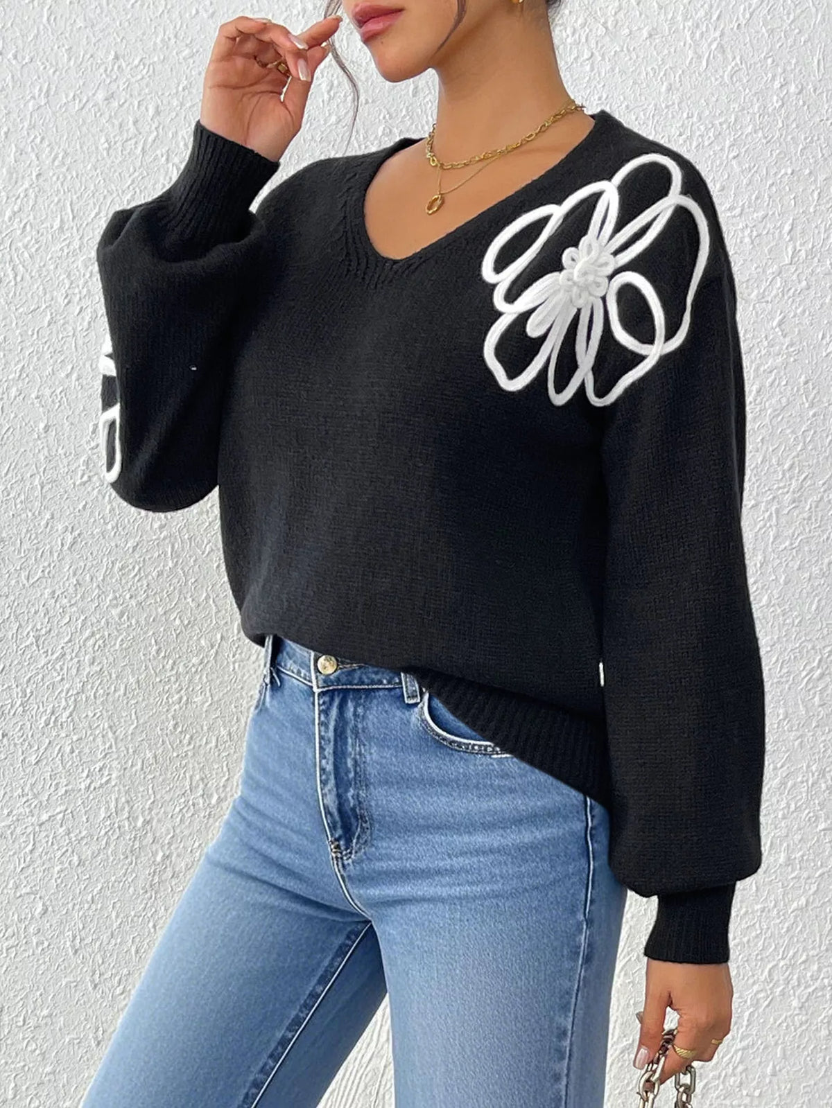 Flower V-Neck Long Sleeve Sweater