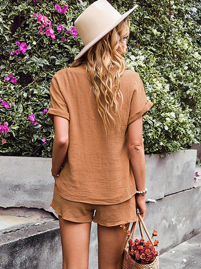 Notched Short Sleeve Top and Shorts Set for Women