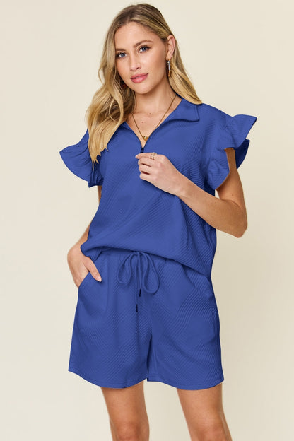 Textured Flounce Sleeve &amp; Drawstring Shorts Set