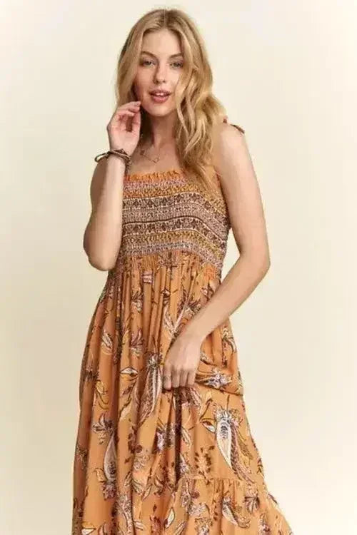 Square Neck Tie Shoulder Dress - Smocked &amp; Floral | Femstylo