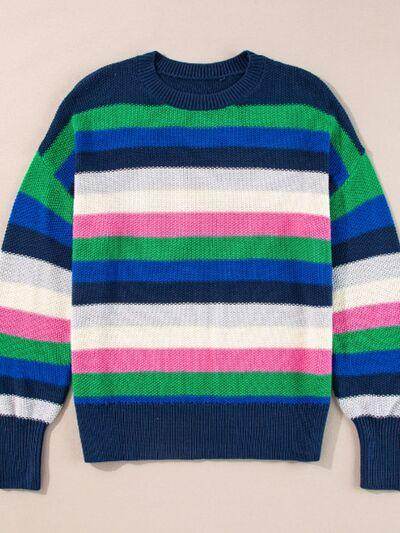 Contrast Striped Round Neck Long Sleeve Sweater for Women