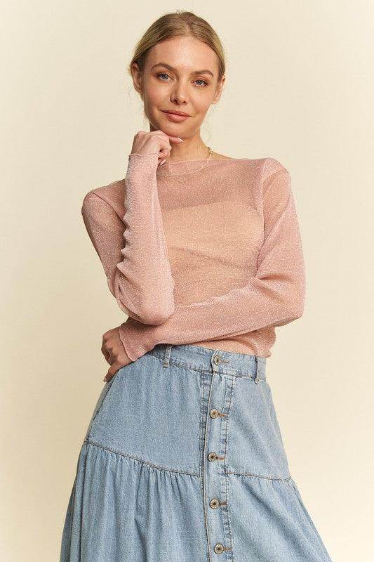 Davi &amp; Dani Glitter Mesh Lettuce Hem Long Sleeve Top Women