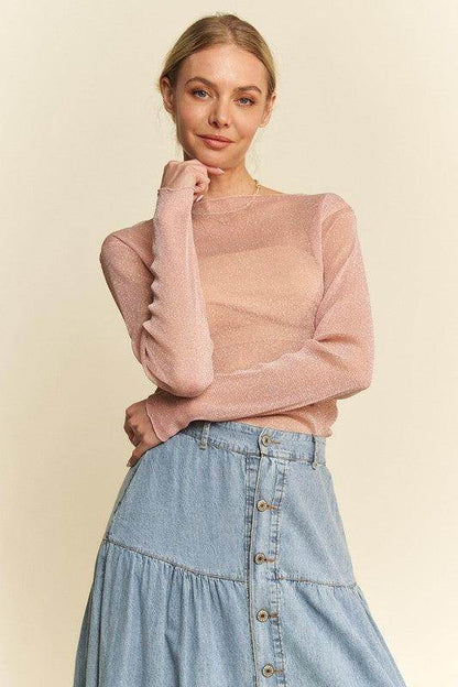Davi &amp; Dani Glitter Mesh Lettuce Hem Long Sleeve Top Women