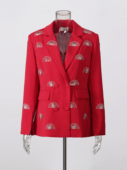 Rhinestone Fan Motif Double Breasted Notched Lapel Tailored Blazer Jacket