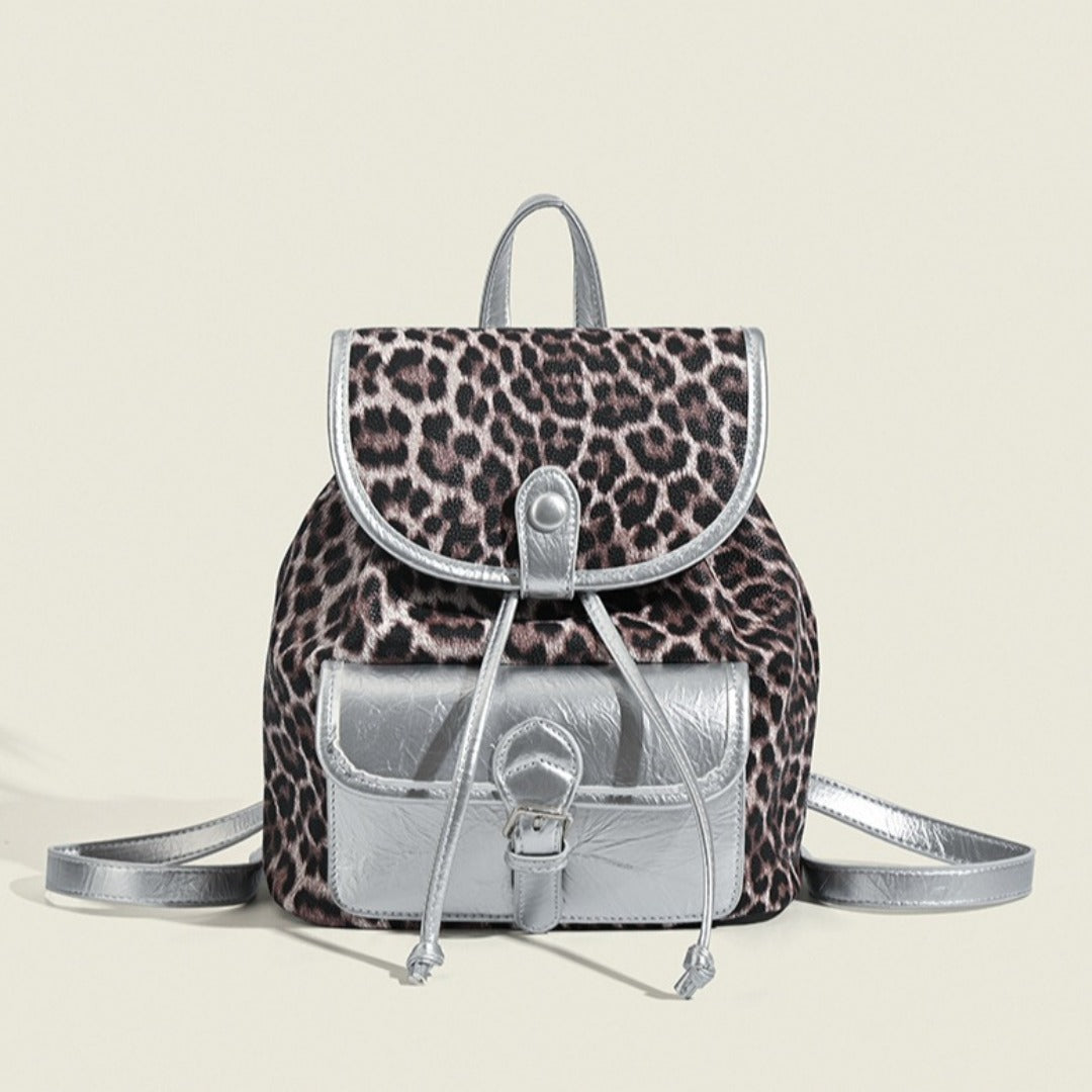 Retro contrasting leopard print backpack, women&