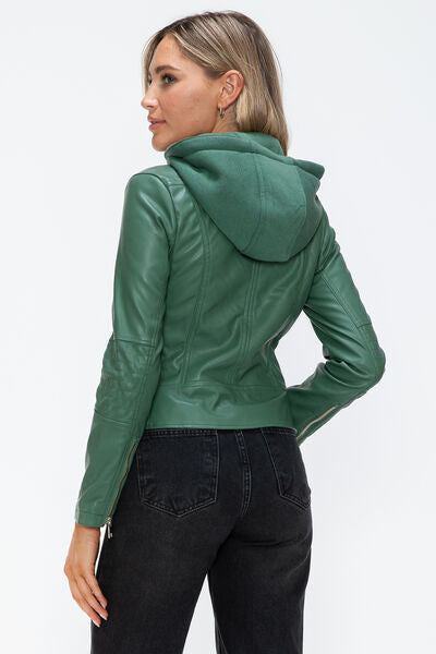 Women Classic Snobbish Faux Leather Zip-Up Drawstring Hooded Jacket Edgy &amp; Casual PU Leather Jacket For Streetwear