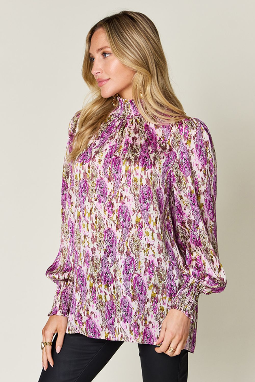 Semi-Sheer Smocked Top with Long Sleeves &amp; Frills