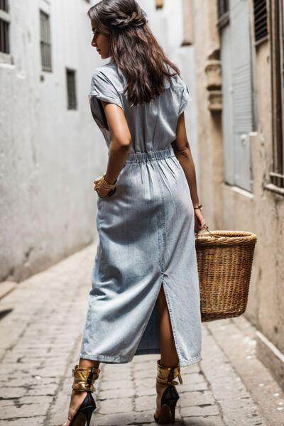 Slit Pocketed Half Button Denim Dress for Casual Style