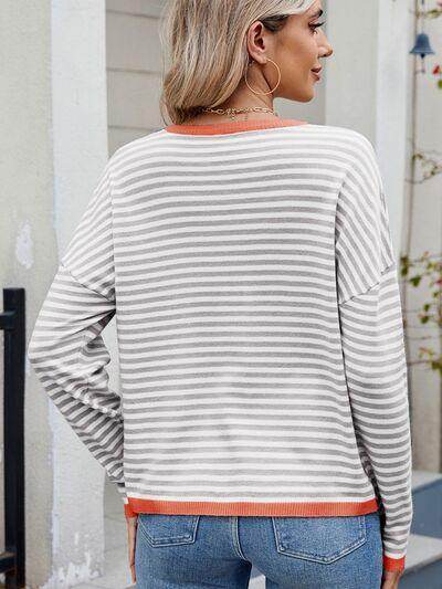 Striped Contrast Round Neck Long Sleeve Sweater for Women